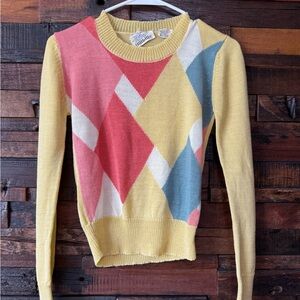Vintage 70s Pastel Argyle Sweater Hillbilly Acrylic Knit Preppy Retro